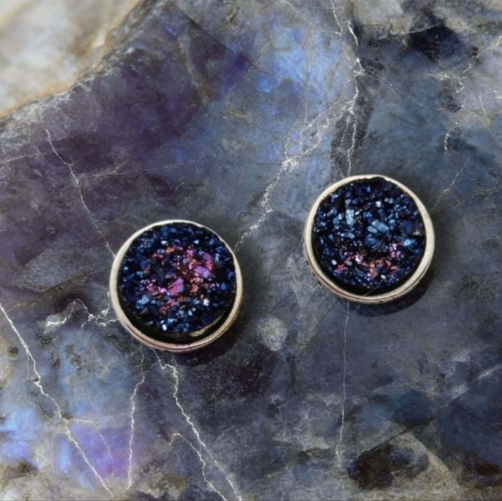 Druzy Geode Stud Earrings Iridescent Sparkle Statement Bohemian Jewelry Gift